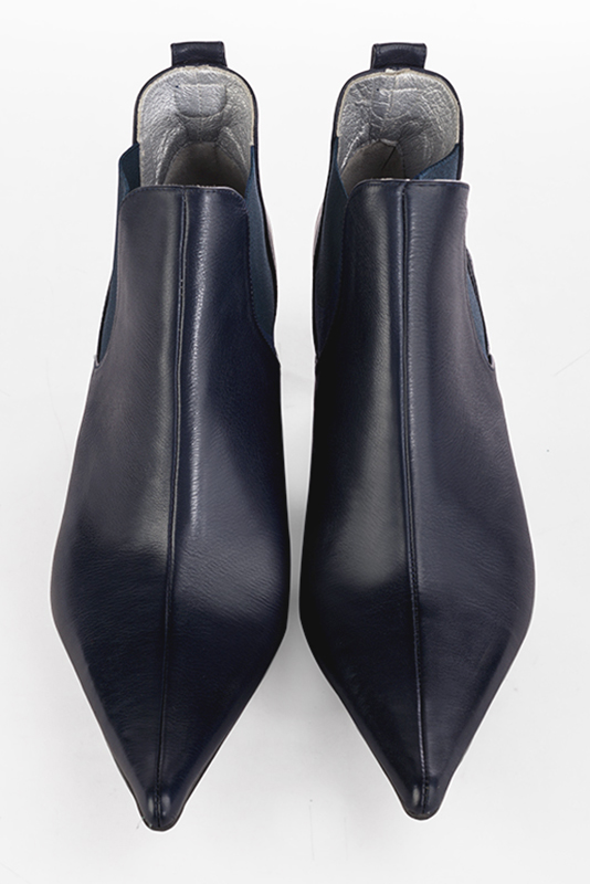 Women's navy blue elegant Chelsea ankle boots, with side elastics. Pointed toe. Medium block heels - Top view